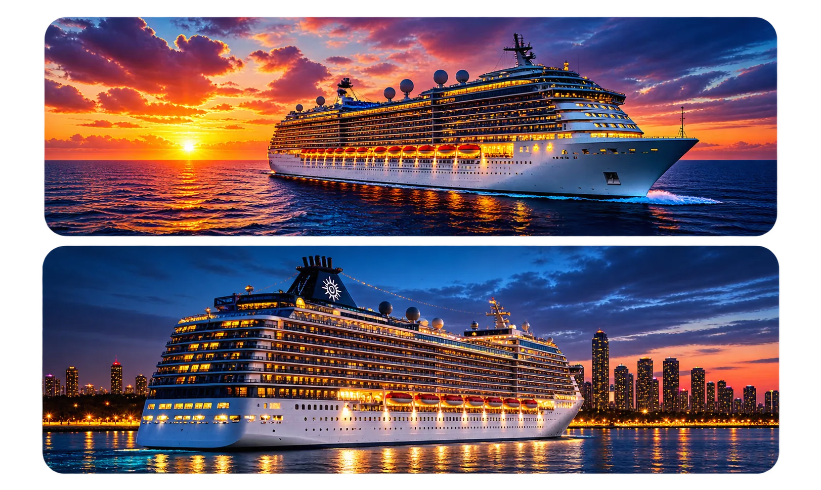 Navio em cruzeiro ao pôr do sol